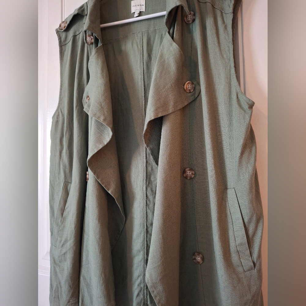 Ellison Olive Green Linen Blend Draped Button Front Vest Top Size S
